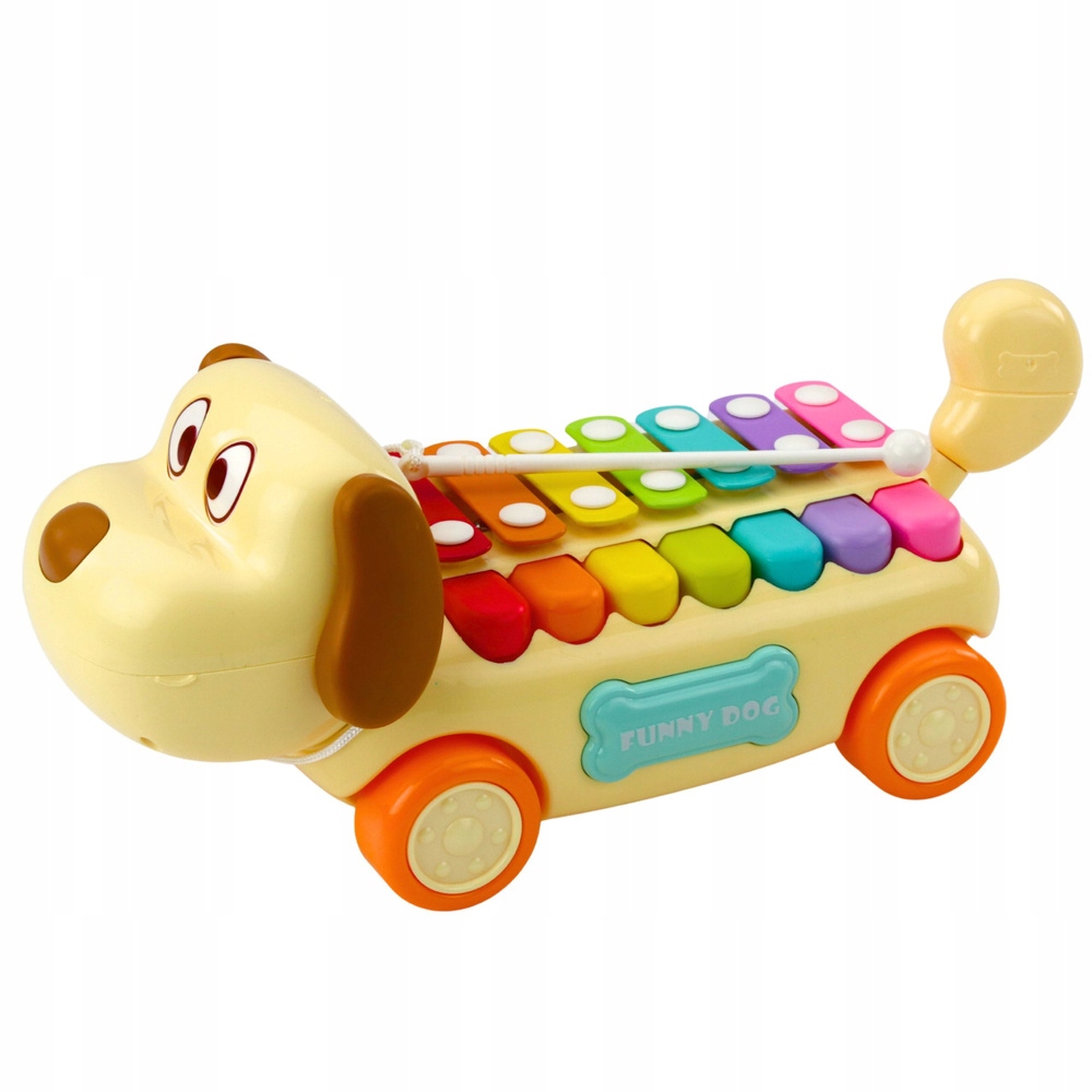 Jeżdżący Piesek Cymbałki Ruchome Uszy Ogon Pałeczka Na Sznurku