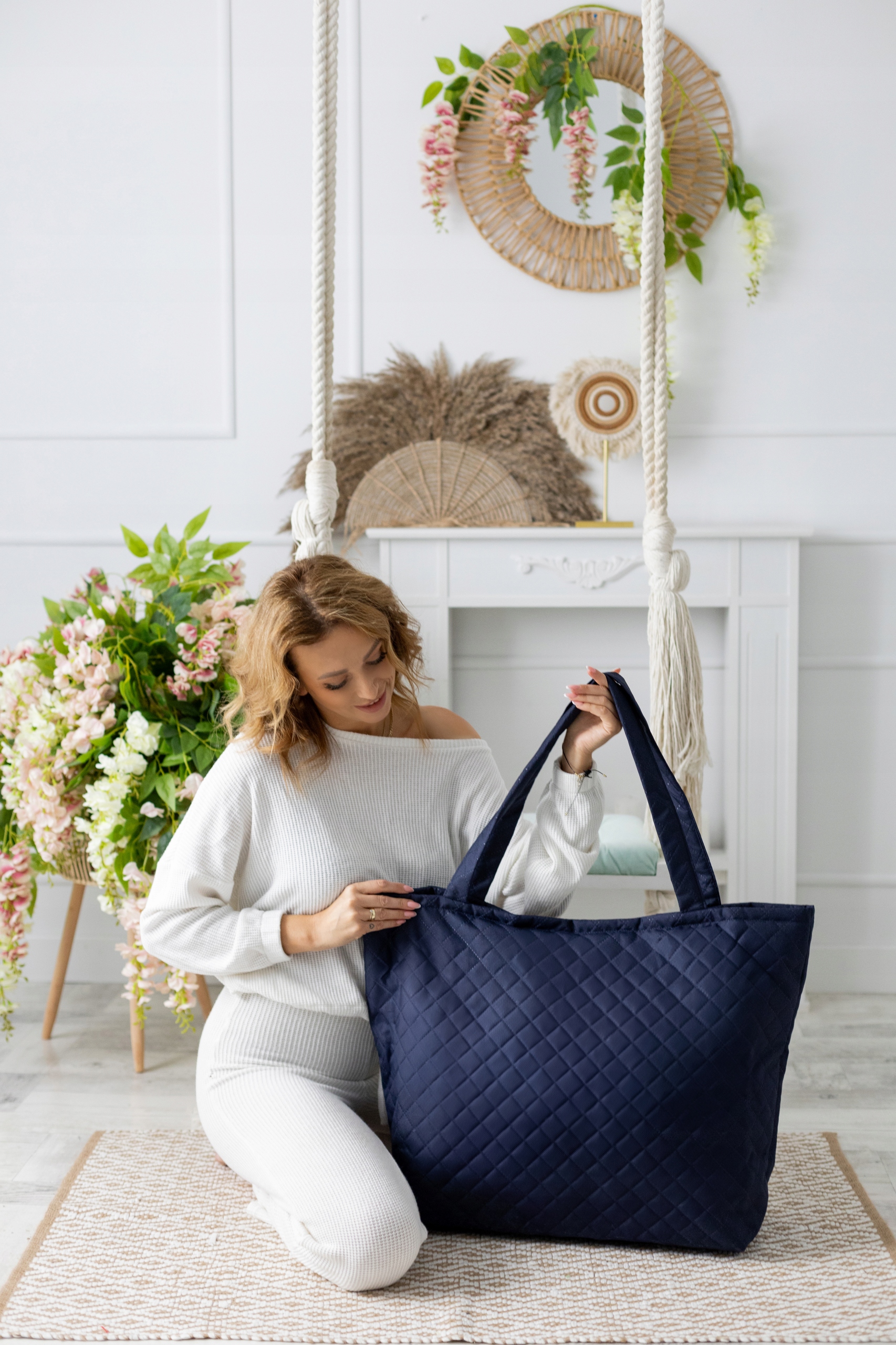 Pojemna torba do szpitala granatowa dla mamy wyprawka poród rozm.XL