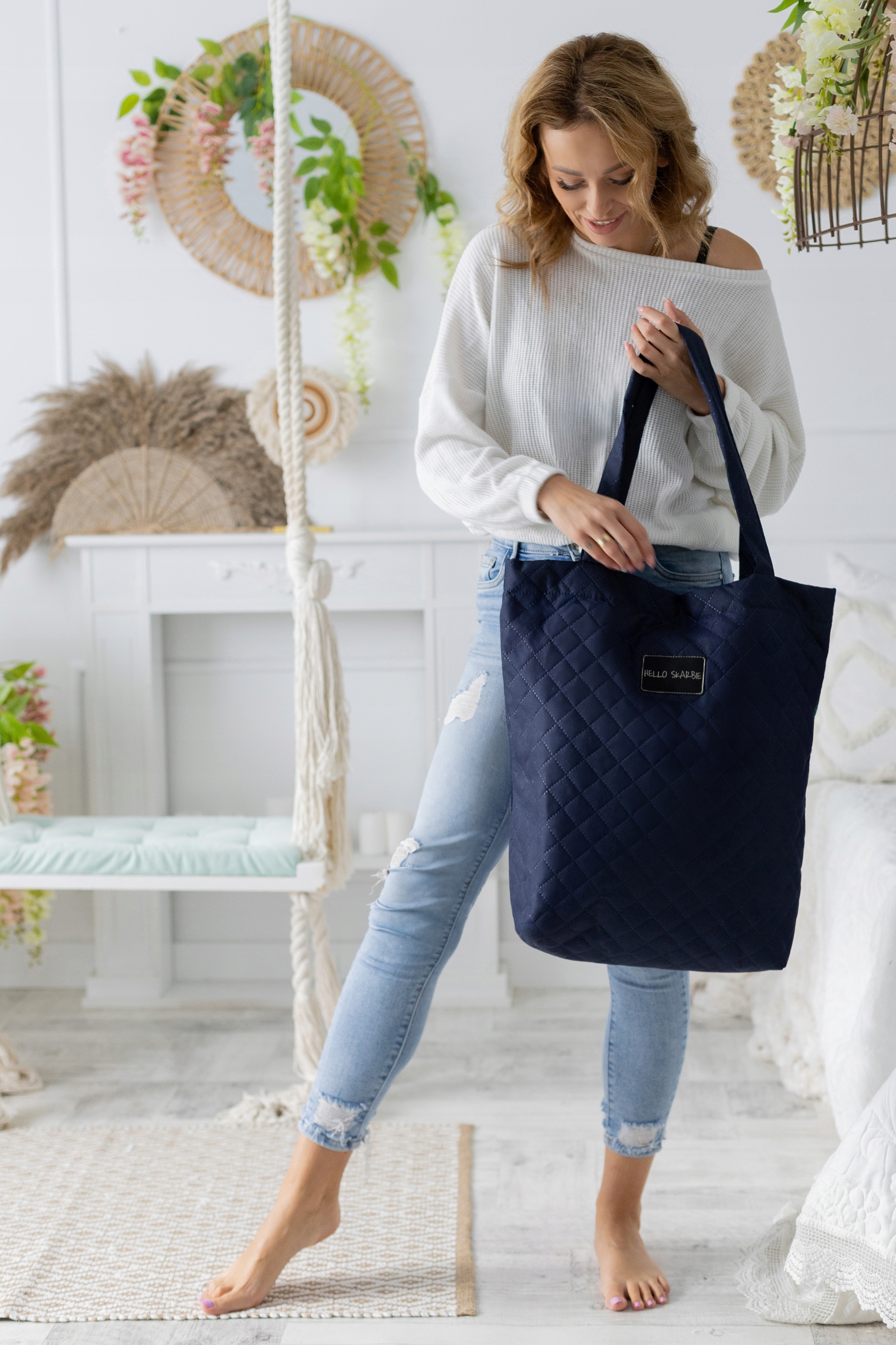 Pojemna torba do szpitala ozdobna granatowa dla mamy wyprawka poród rozm. L