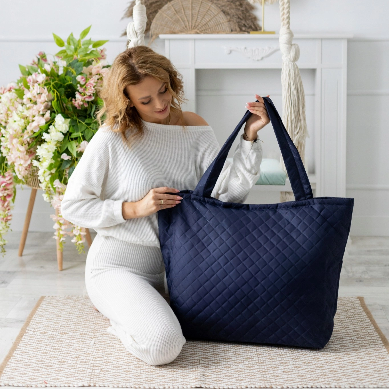 Pojemna torba do szpitala granatowa dla mamy wyprawka poród rozm.XL