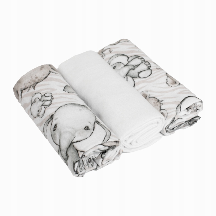 Pieluszka Pielucha flanelowa Pakiet 3 sztuki 1xbiała 2x wzór słonik