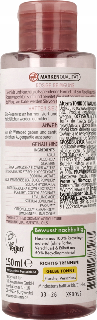 ALTERRA TONIK DO TWARZY RÓŻA BIO 150 ML