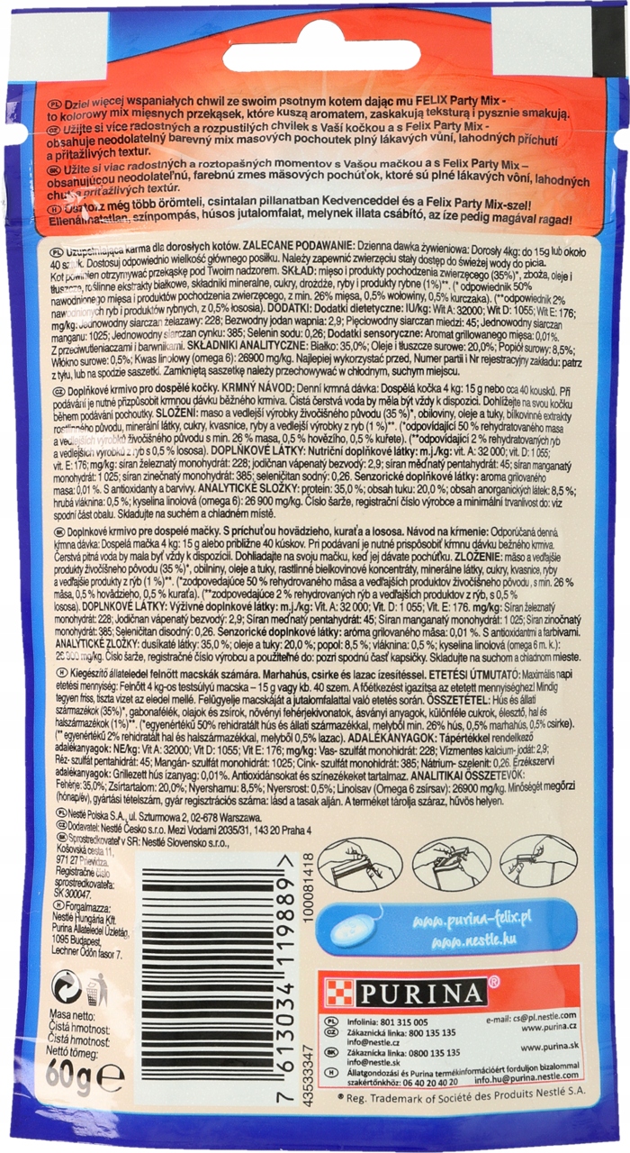 PURINA FELIX PARTY MIX MIXED GRILL O SMAKU WOŁOWINY KURCZAKA I ŁOSOSIA 60 G
