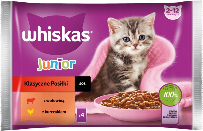 WHISKAS JUNIOR MOKRA KARMA DLA KOCIĄT WOŁOWINA I KURCZAK W SOSIE 32 X 85 G