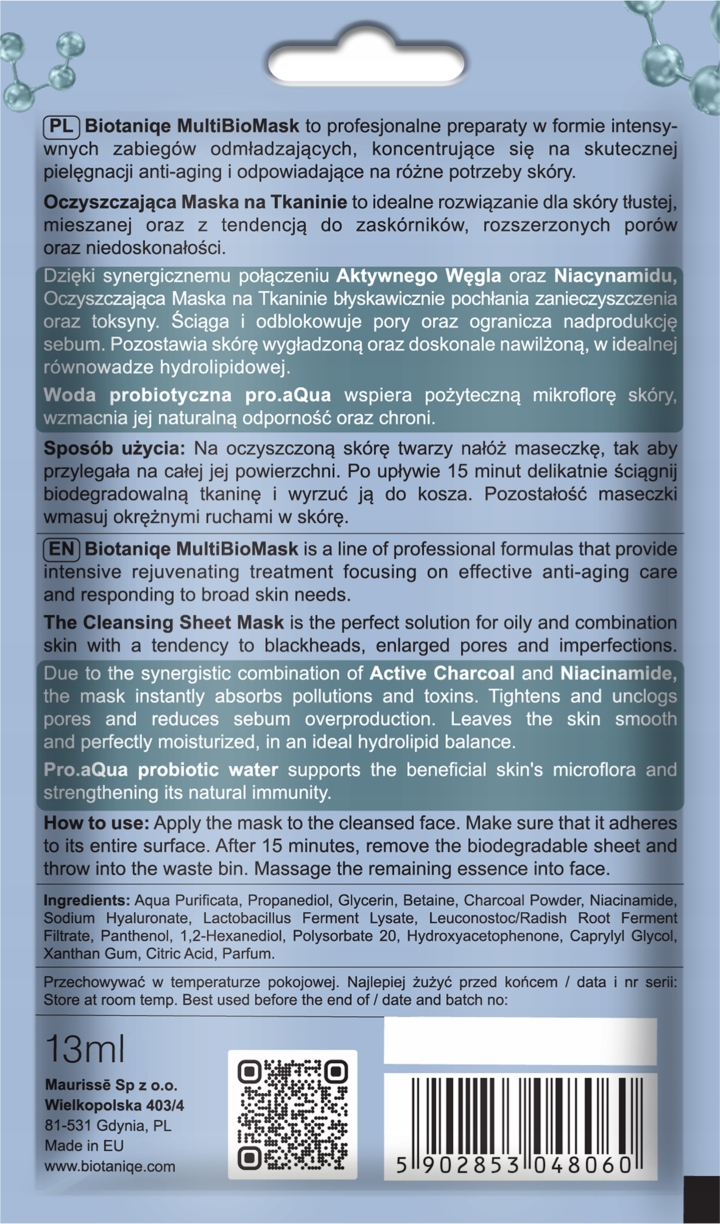 BIOTANIQE MULTIBIOMASK MASKA DO TWARZY NA TKANINIE OCZYSZCZAJĄCA 13 ML
