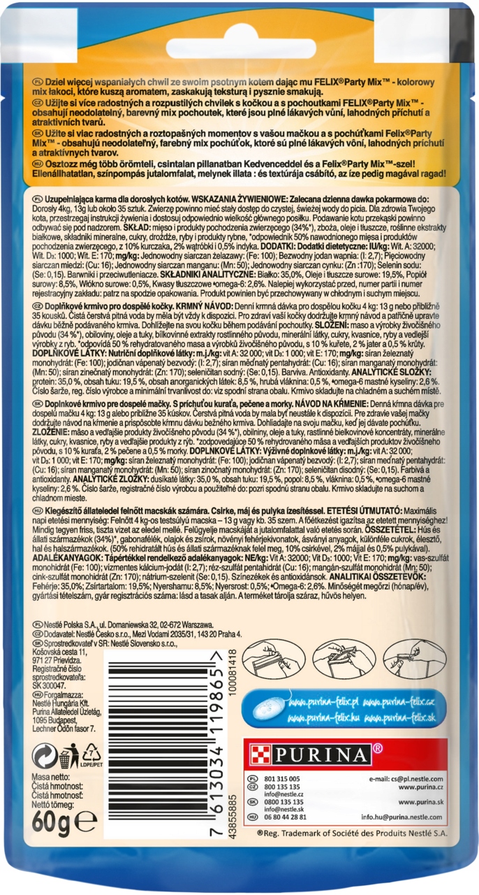 PURINA FELIX PARTY MIX ORIGINAL MIX O SMAKU KURCZAKA WĄTRÓBKI I INDYKA 60 G