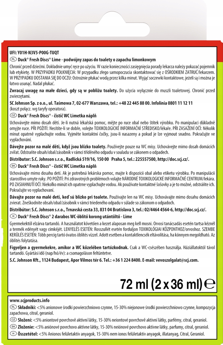 DUCK FRESH DISCS KRĄŻEK DO WC LIMONKA 2 X 36 ML