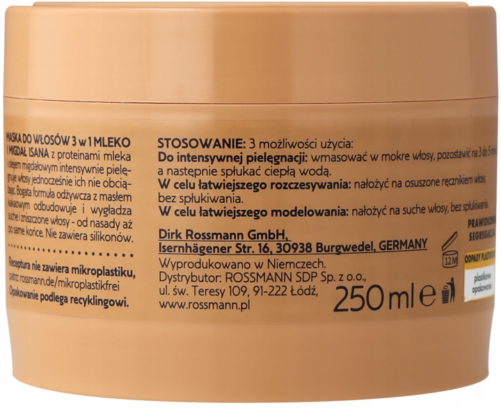 ISANA MASKA DO WŁOSÓW ODBUDOWA I WYGŁADZENIE MLEKO MIGDAŁOWE 250 ML