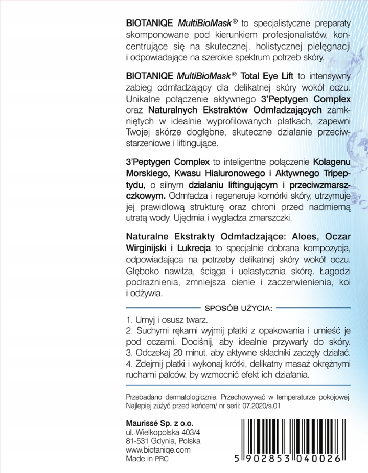 BIOTANIQE MULTIBIOMASK PŁATKI POD OCZY LIFTINGUJĄCE 2 SZT