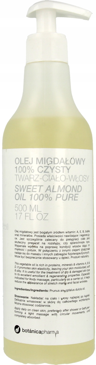 BOTANICAPHARMA OLEJ MIGDAŁOWY DO TWARZY CIAŁA I WŁOSÓW 100 CZYSTY 500 ML