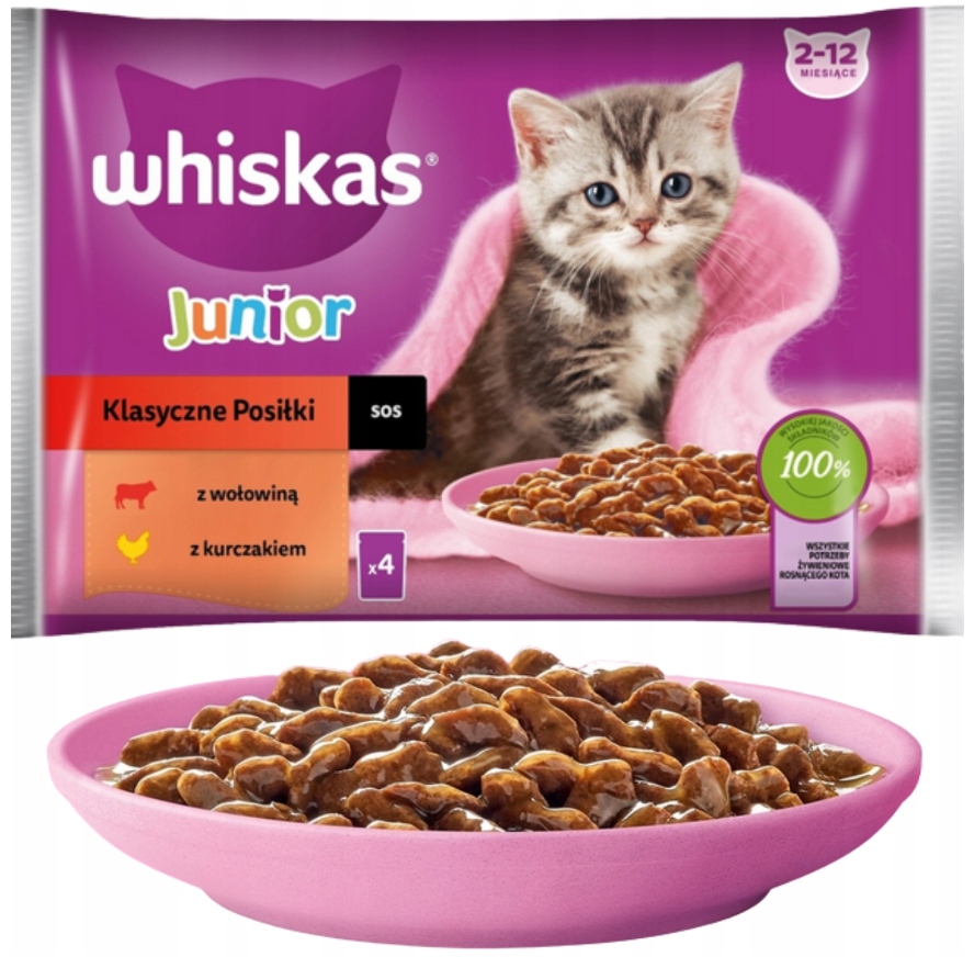 WHISKAS JUNIOR MOKRA KARMA DLA KOCIĄT WOŁOWINA KURCZAK W SOSIE 4 X 85 G