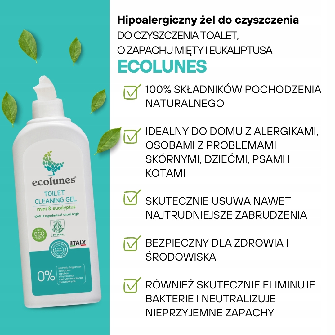 ECOLUNES ŻEL DO CZYSZCZENIE WC TOALET O ZAPACHU MIĘTY I EUKALIPTUSA 500 ML