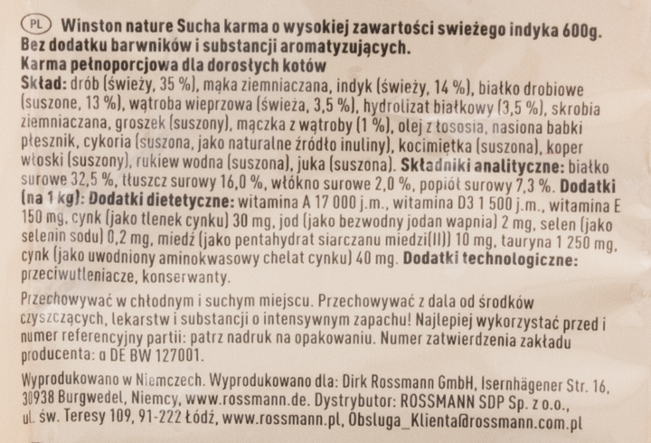 WINSTON SUCHA KARMA DLA KOTÓW Z INDYKIEM 600 G