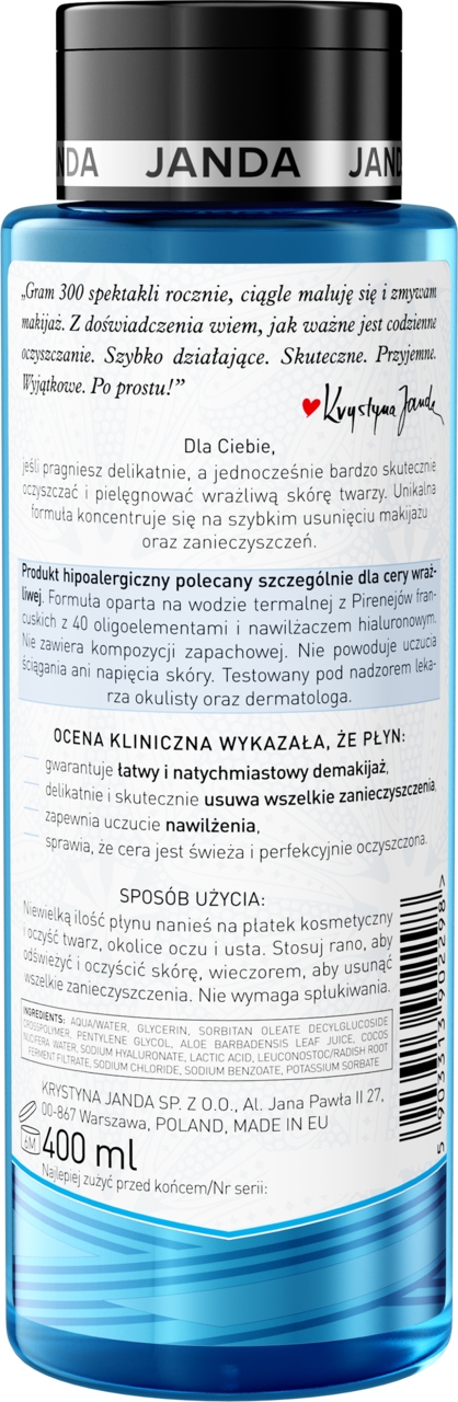 JANDA PŁYN MICELARNY DO DEMAKIJAŻU TWARZY OCZU I UST HIPOALERGICZNY 400 ML