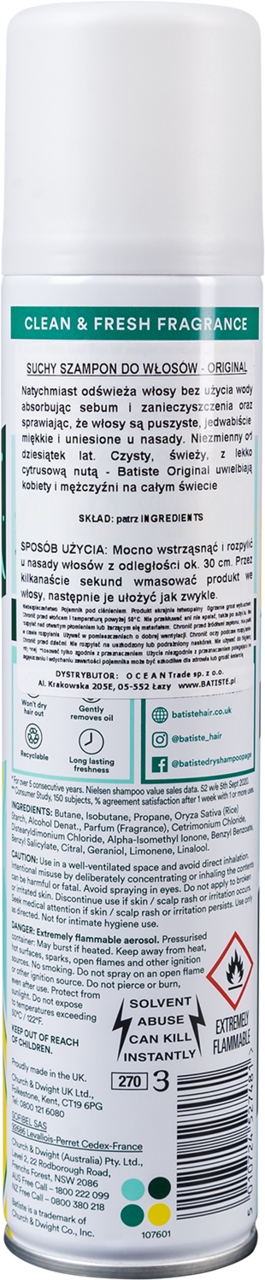 BATISTE ORIGINAL SUCHY SZAMPON DO WŁOSÓW KLASYCZNA ŚWIEŻOŚĆ UNISEX 200 ML