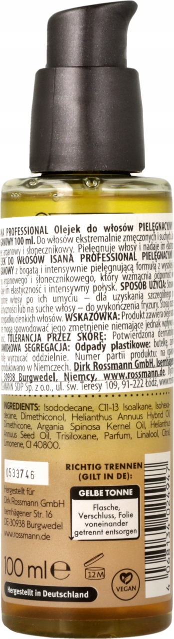 ISANA PROFESSIONAL OLEJEK DO WŁOSÓW PIELĘGNACYJNY OLEJ ARGANOWY 100 ML