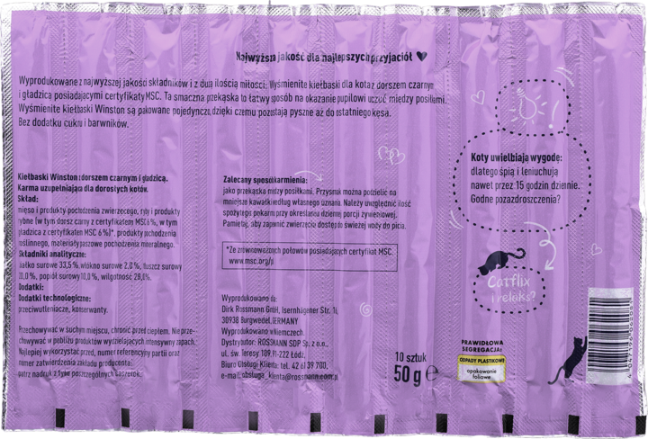 ZESTAW 4 SZTUK WINSTON KIEŁBASKI Z DORSZEM CZARNYM I GŁADZICĄ 50G