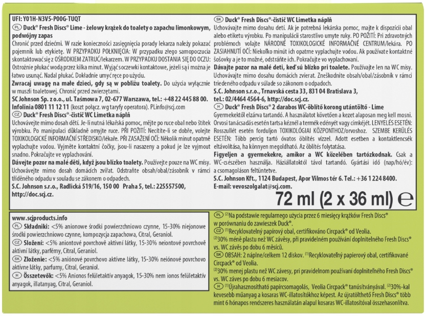 DUCK FRESH DISCS KRĄŻEK DO WC LIMONKA 2 X 36 ML