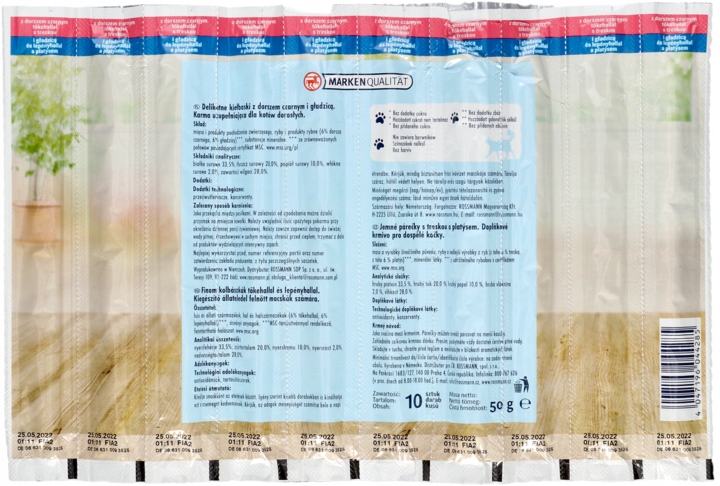 ZESTAW 4 SZTUK WINSTON KIEŁBASKI Z DORSZEM CZARNYM I GŁADZICĄ 50G