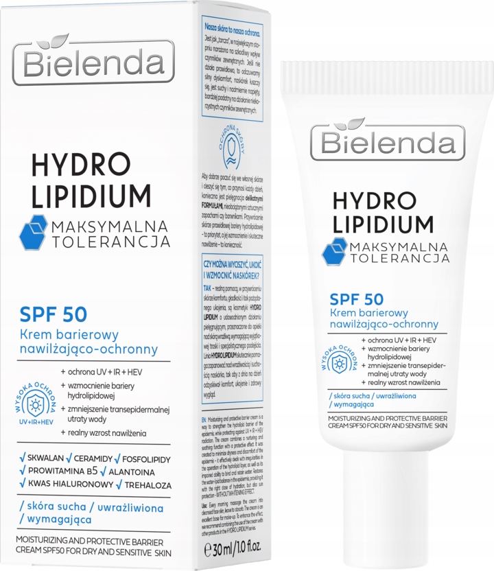 BIELENDA HYDRO LIPIDIUM KREM DO TWARZY SPF50 NAWILŻAJĄCO-OCHRONNY 30 ML