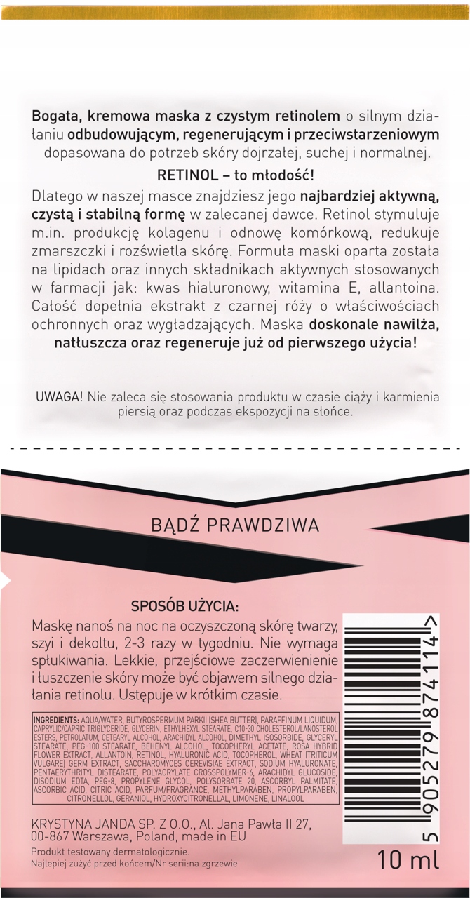JANDA SIŁA CZYSTEGO RETINOLU MASECZKA DO TWARZY GŁĘBOKA REGENERACJA 10 ML
