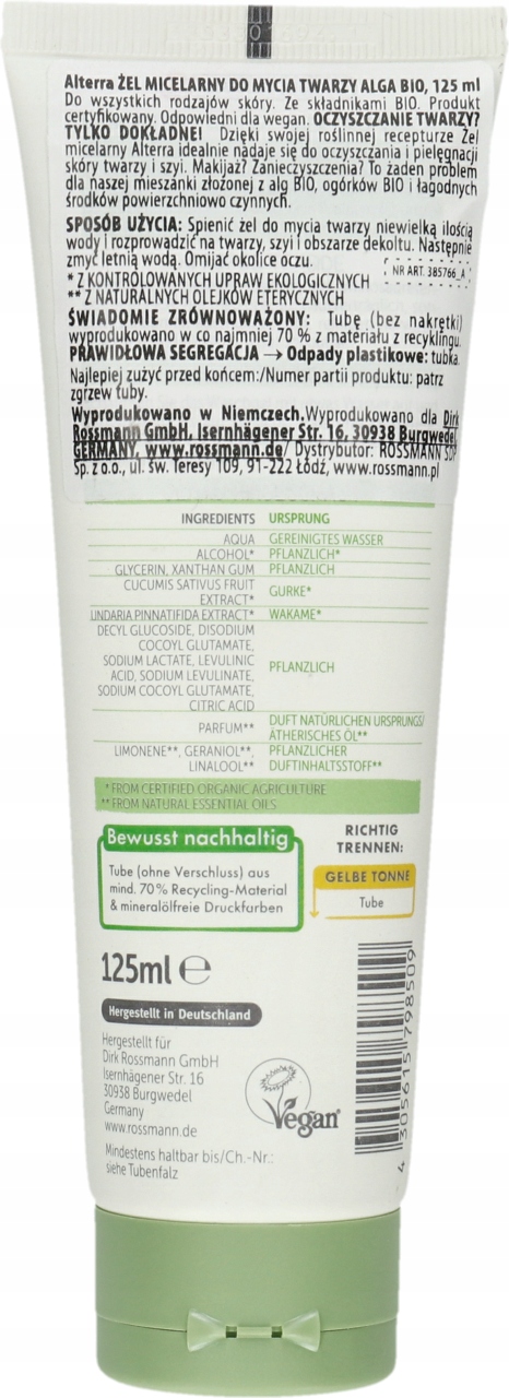 ALTERRA ŻEL DO MYCIA TWARZY MICELARNY ALGA BIO 125 ML
