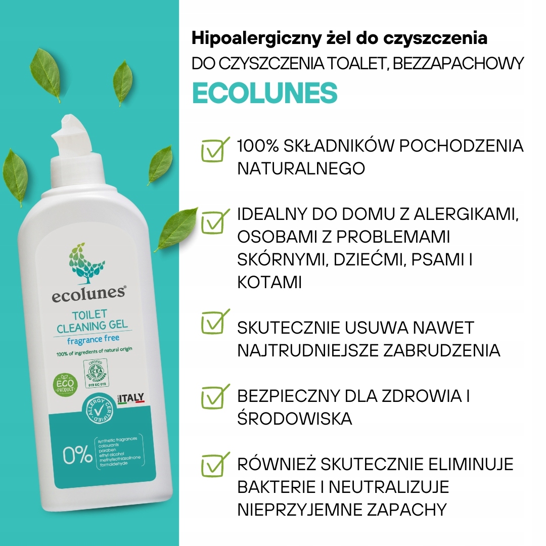 ECOLUNES HIPOALERGICZNY ŻEL DO CZYSZCZENIE WC TOALET BEZZAPACHOWY 500 ML
