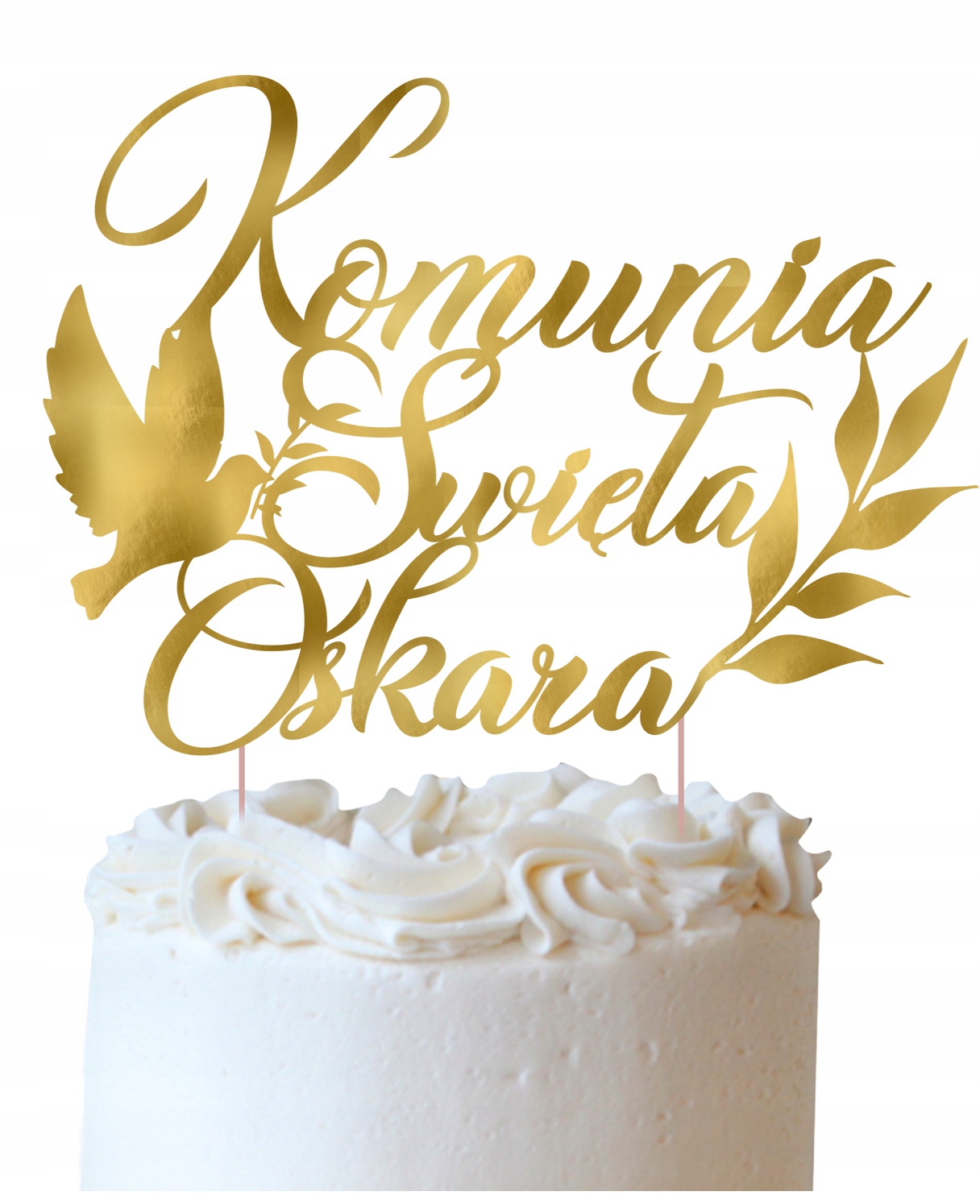 Biały Tort z topperem "komunia święta" oraz imie dziecka