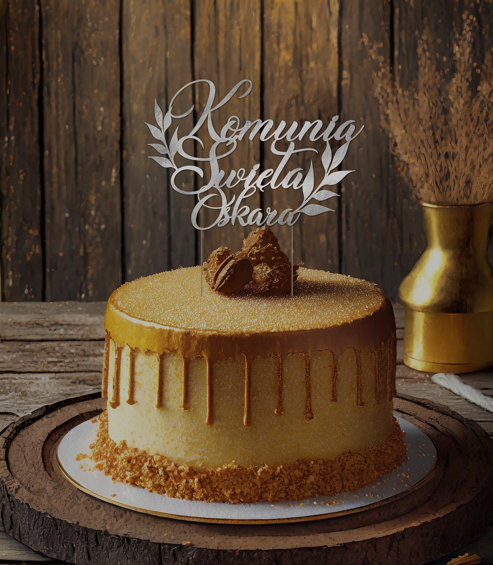 Złoty Tort z topperem "komunia święta" oraz imie dziecka