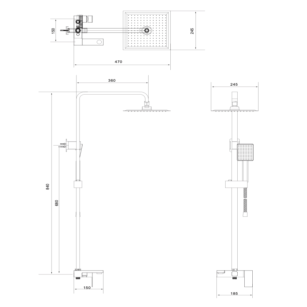 Deszczownica z baterią wannową WEZER PRO16B-02-BLACK