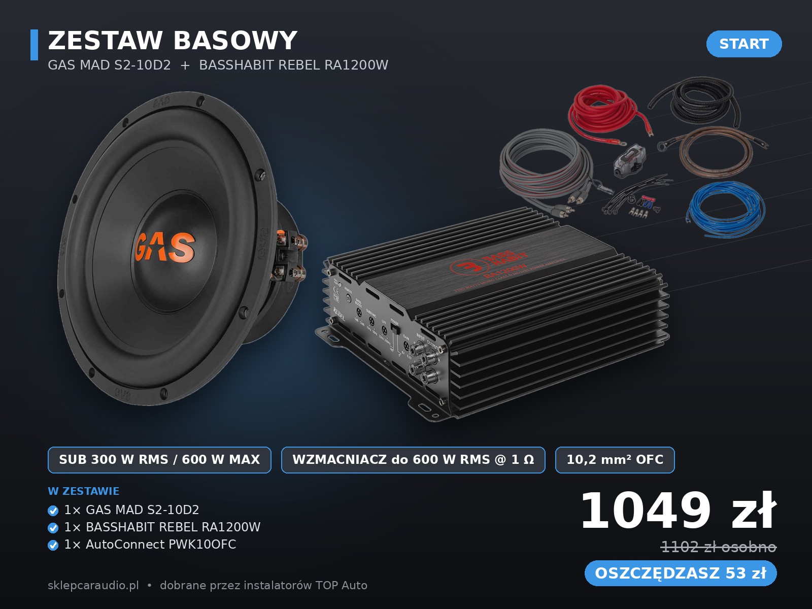 Zestaw basowy GAS MAD S2-10D2 + BASSHABIT REBEL RA1200W + okablowanie PWK10OFC