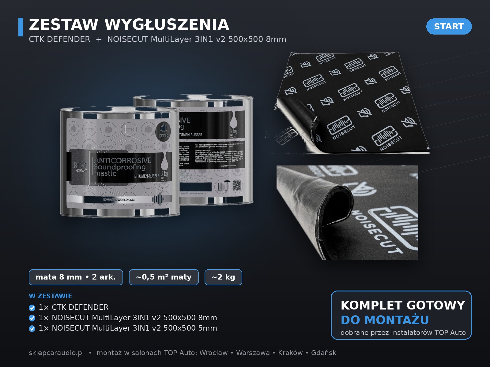 Zestaw wygłuszający – masa CTK DEFENDER + mata NOISECUT MultiLayer 3IN1 v2 8mm + mata NOISECUT MultiLayer 3IN1 v2 5mm