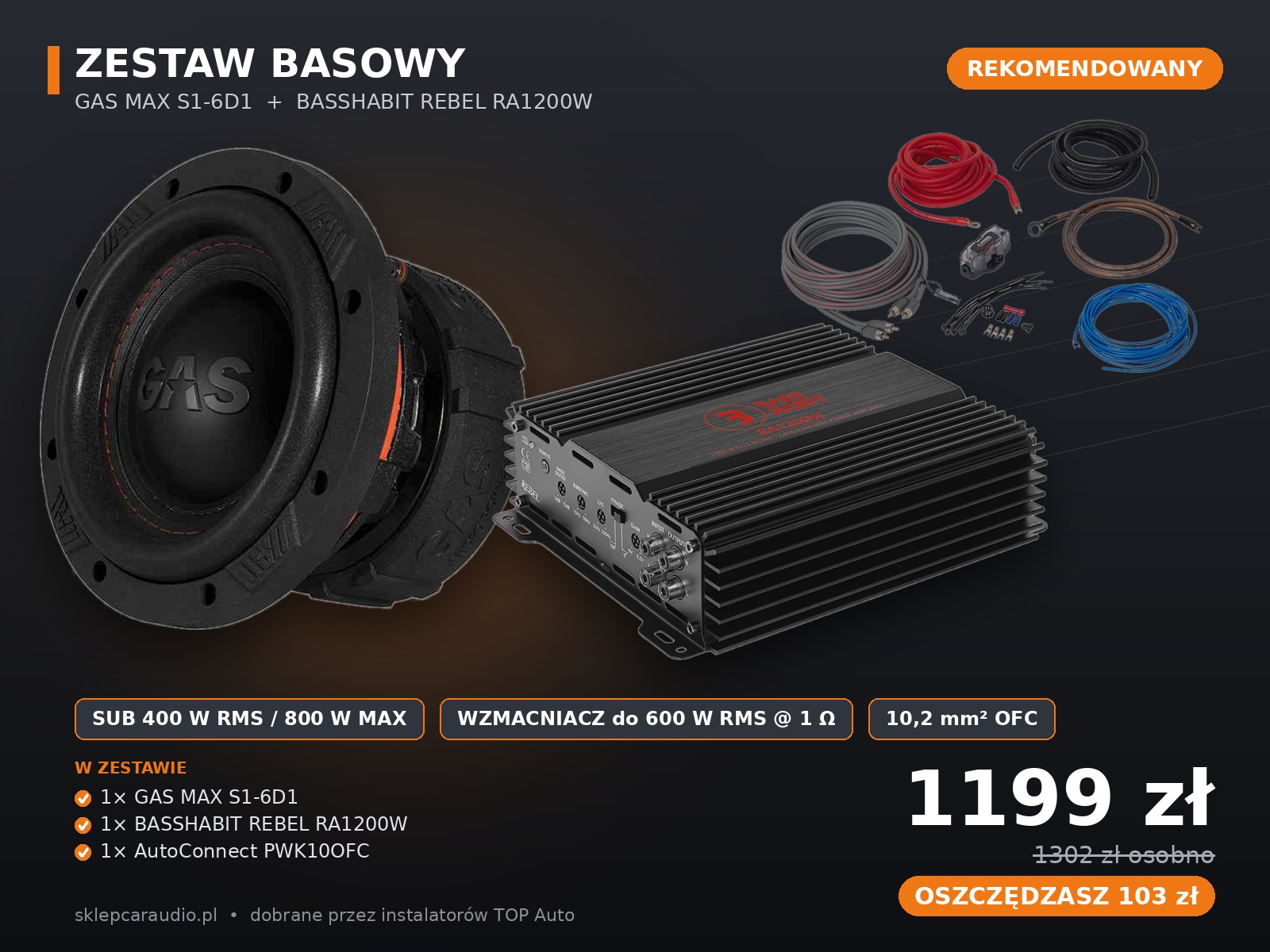 Zestaw basowy GAS MAX S1-6D1 + BASSHABIT REBEL RA1200W + okablowanie PWK10OFC