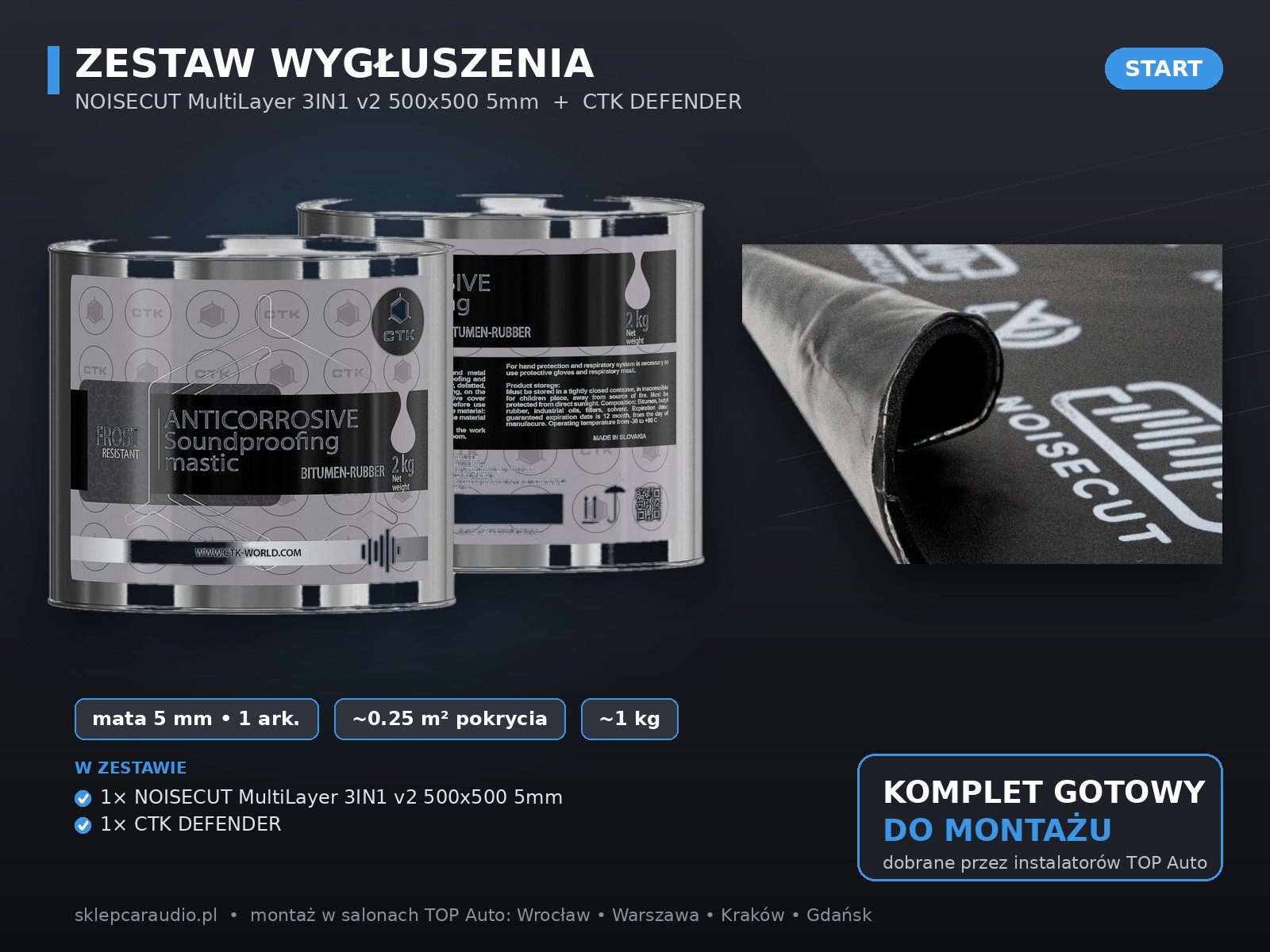Zestaw wygłuszenia 0.25 m² – NOISECUT MultiLayer 3IN1 v2 500x500 5mm