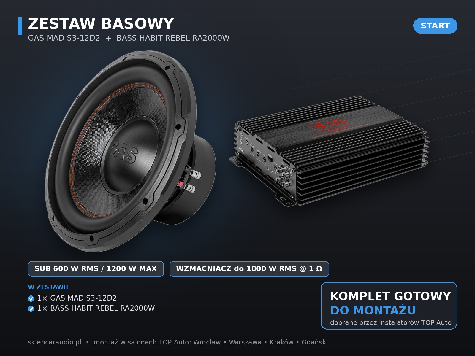 Zestaw basowy 1000W – GAS MAD S3-12D2 + Bass Habit REBEL RA2000W
