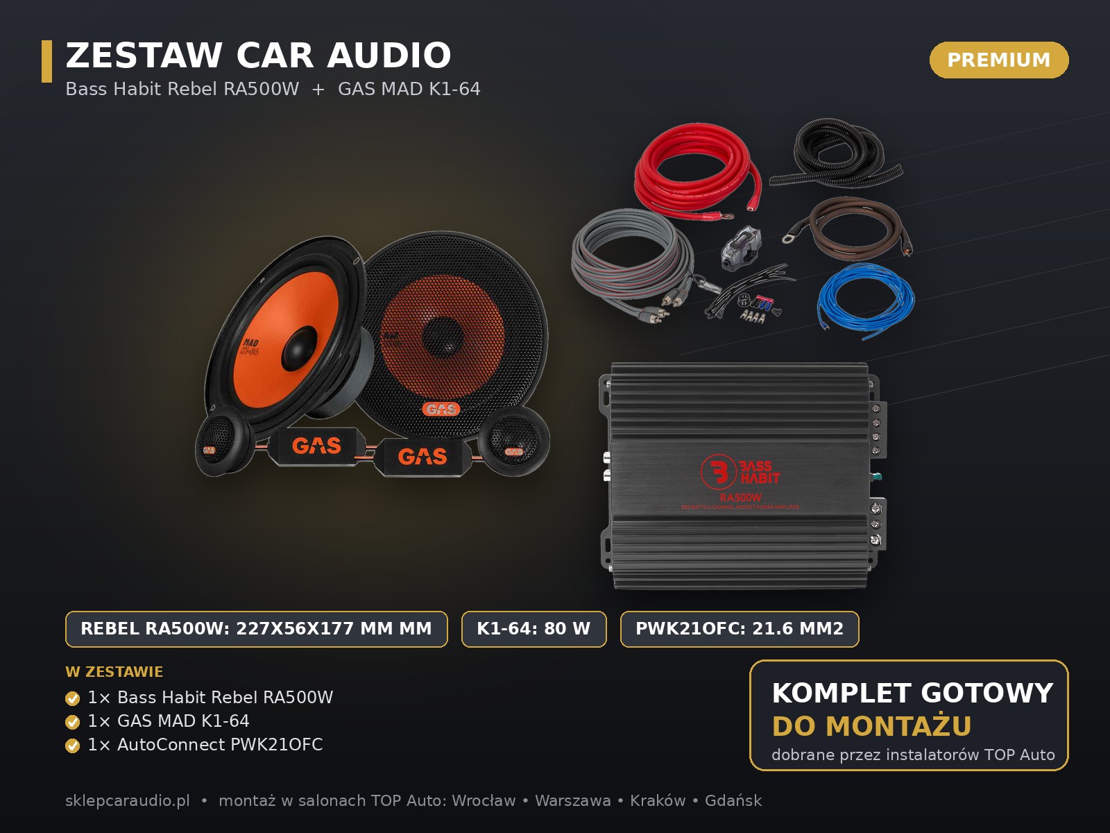 Tani zestaw car audio wzmacniacz 500W głośniki 80W okablowanie