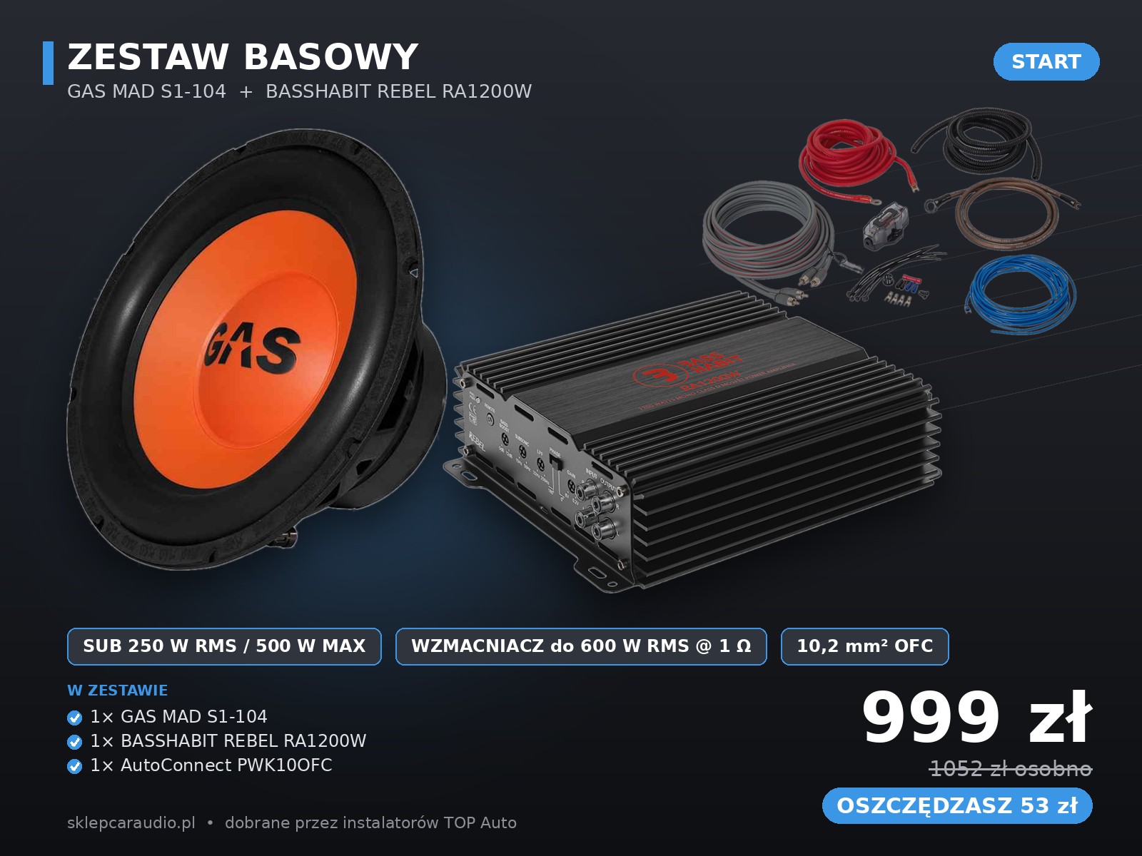 Zestaw basowy GAS MAD S1-104 + BASSHABIT REBEL RA1200W + okablowanie PWK10OFC