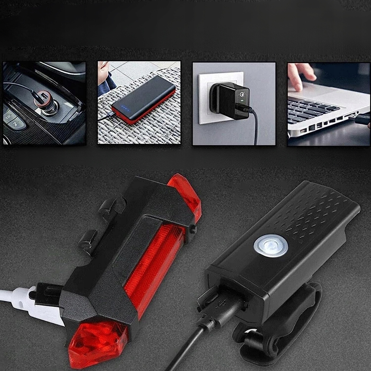 LAMPKA ROWEROWA LED TYŁ PRZÓD DO ROWERU ZESTAW USB ŚWIATŁO BIAŁE I CZERWONE