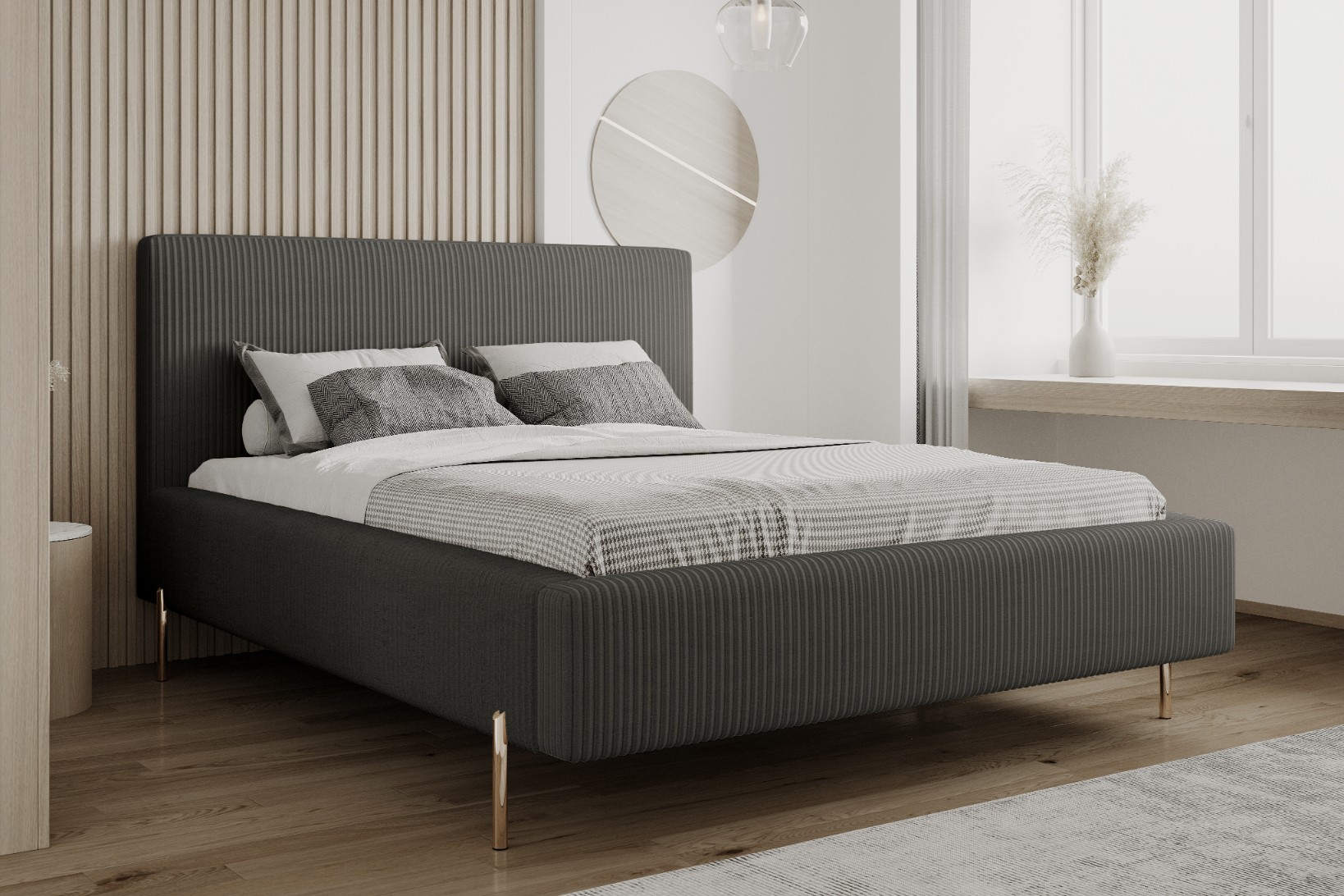 Łóżko z POJEMNIKIEM NA POŚCIEL + stelaż tapicerowane MAYA 180X200 szary