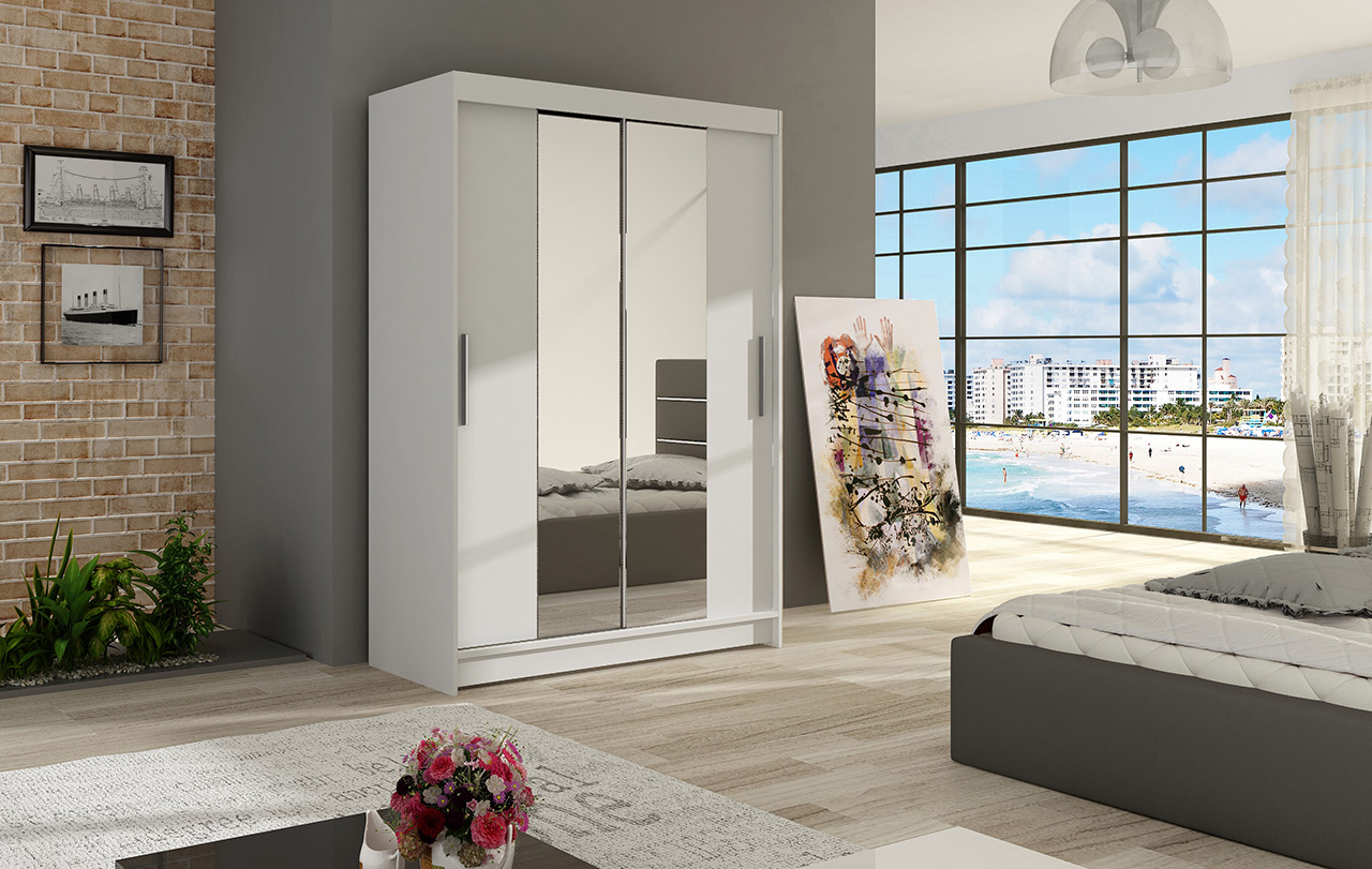 SZAFA przesuwna biała z półkami z lustrem MOON II 120cm GARDEROBA POJEMNA