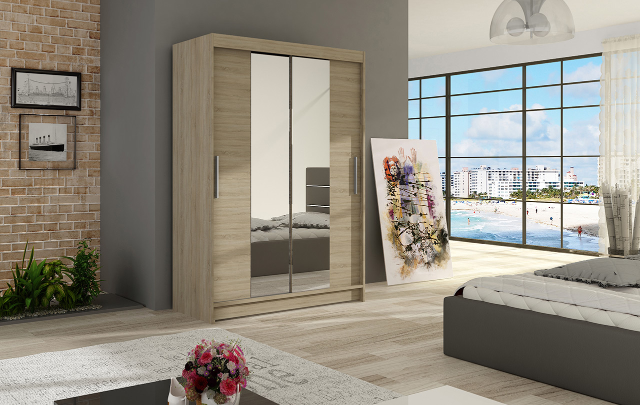 SZAFA przesuwna biała z półkami z lustrem MOON II 120cm GARDEROBA POJEMNA