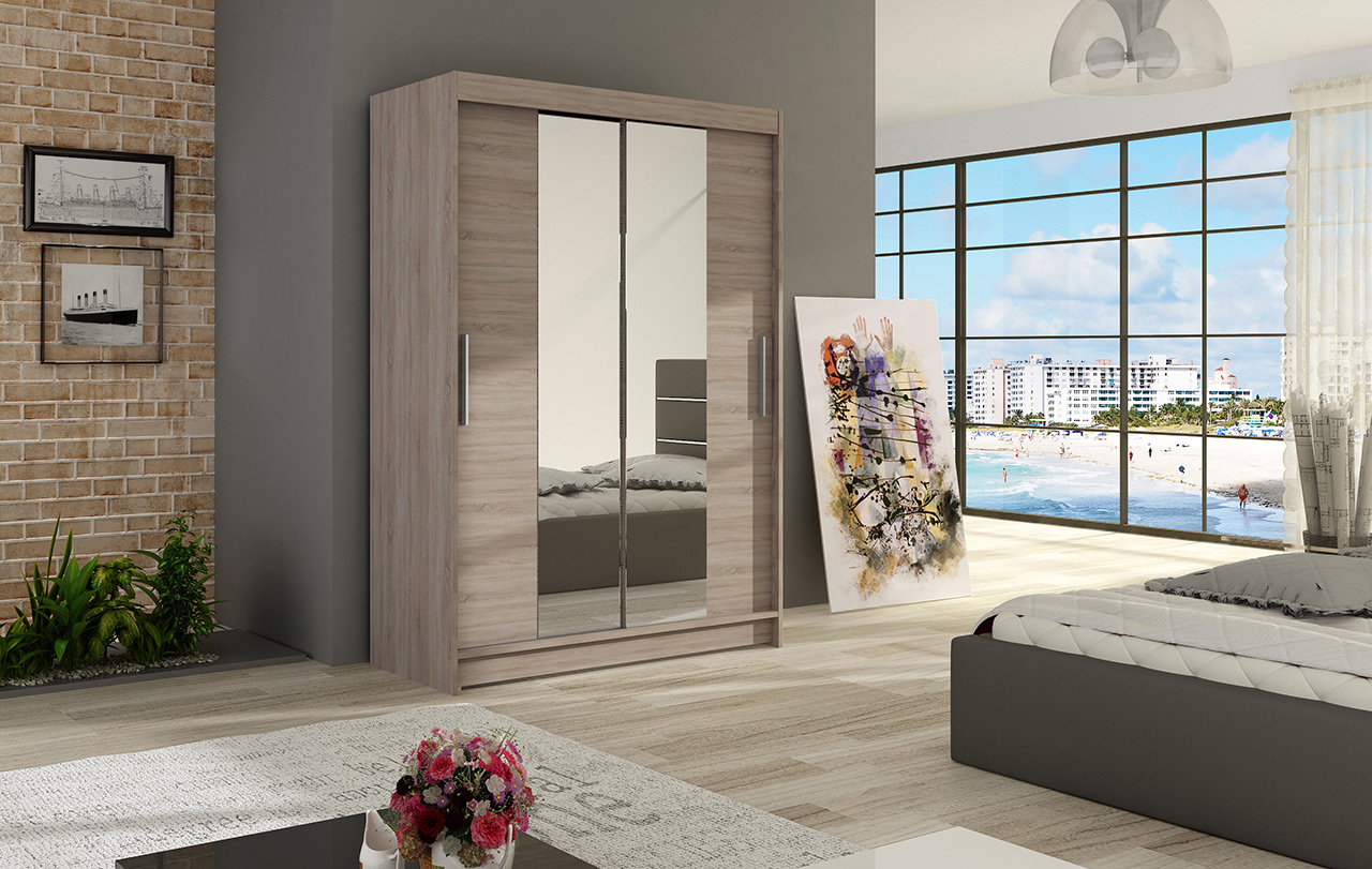 SZAFA przesuwna biała z półkami z lustrem MOON II 120cm GARDEROBA POJEMNA