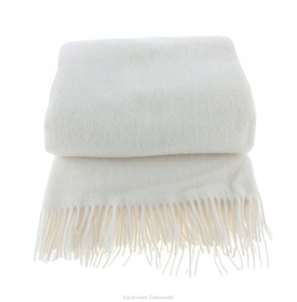 Koc wełniany z frędzlami 150x200 DIAGONAL wełna nowozelandzka ekri