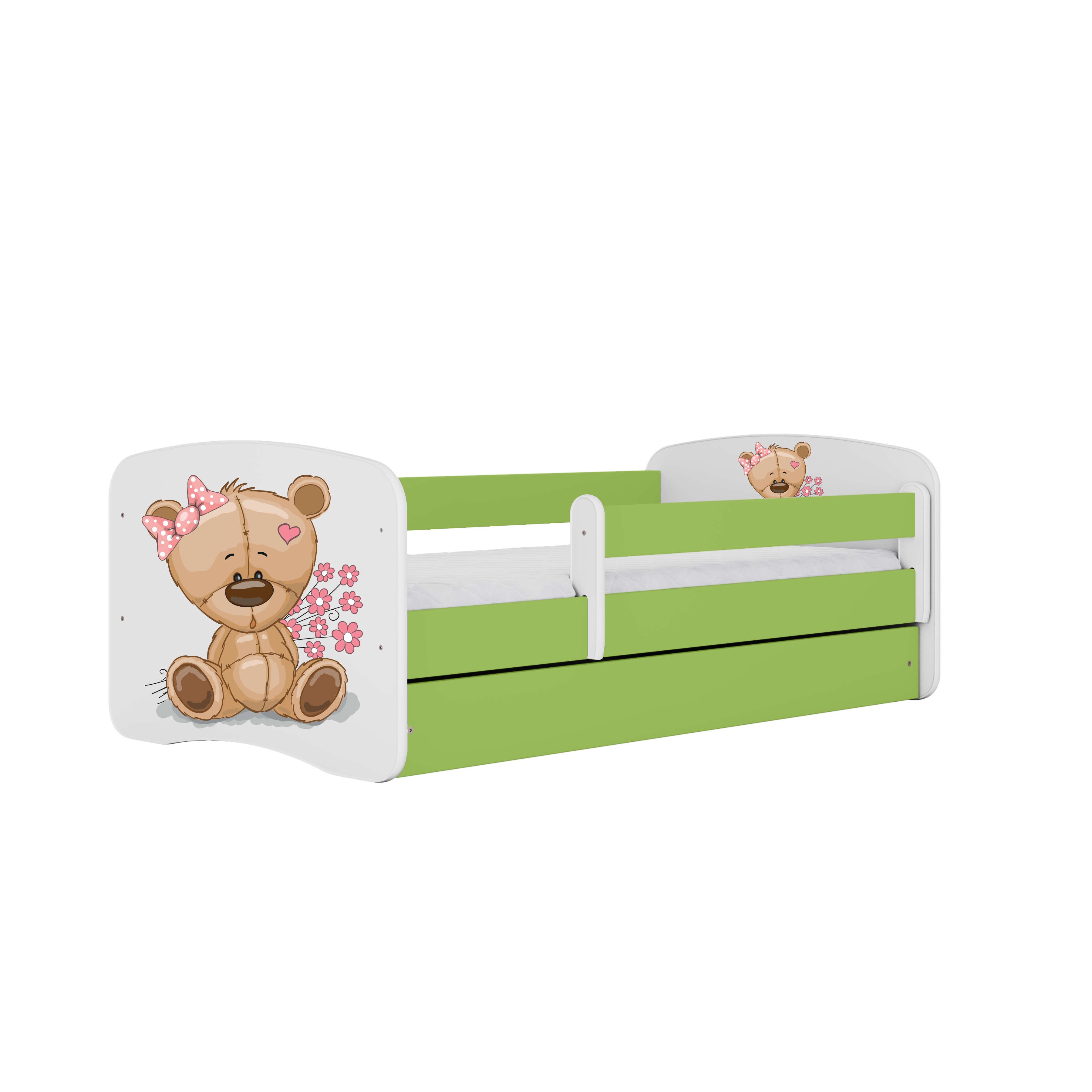Lit enfant vert, motif ourson et fleurs