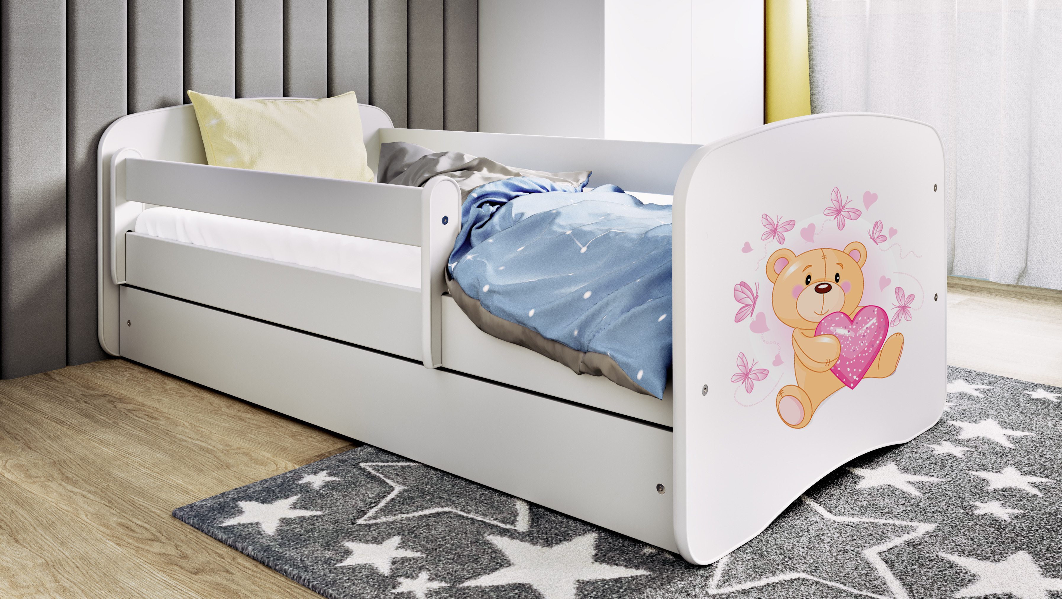 Lit enfant blanc, motif ourson et papillons
