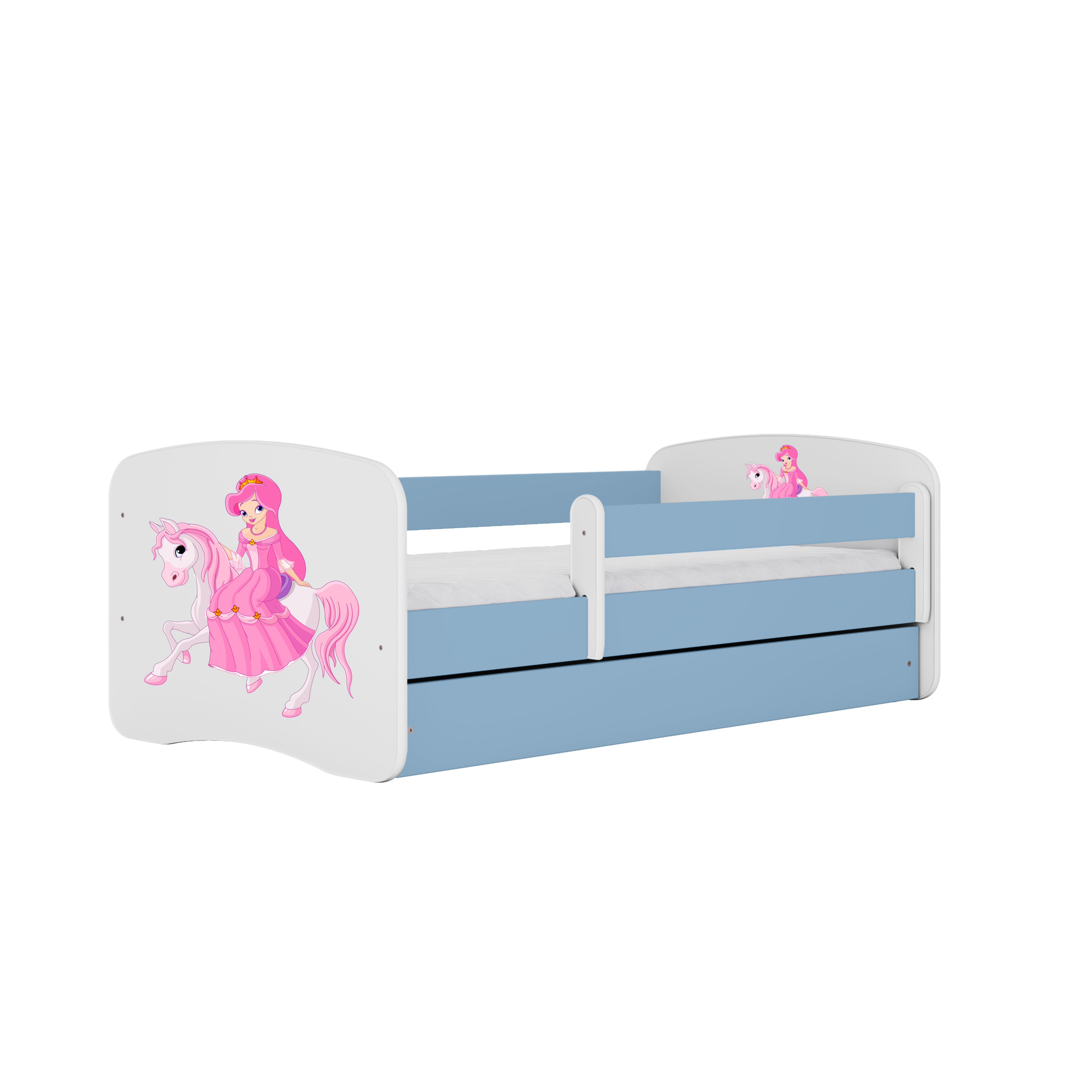 Lit enfant bleu, motif princesse à cheval