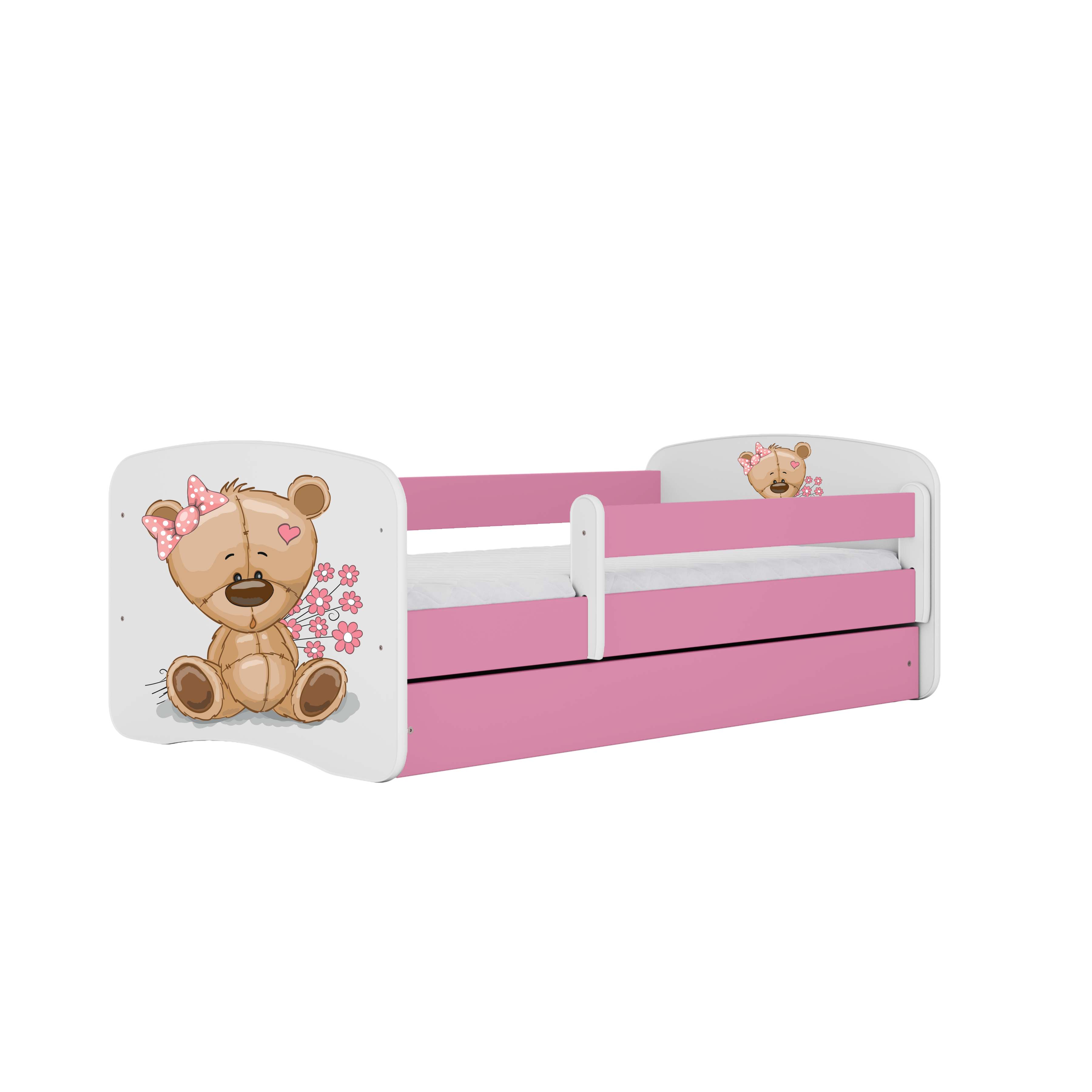 Lit enfant rose, motif ourson et fleurs