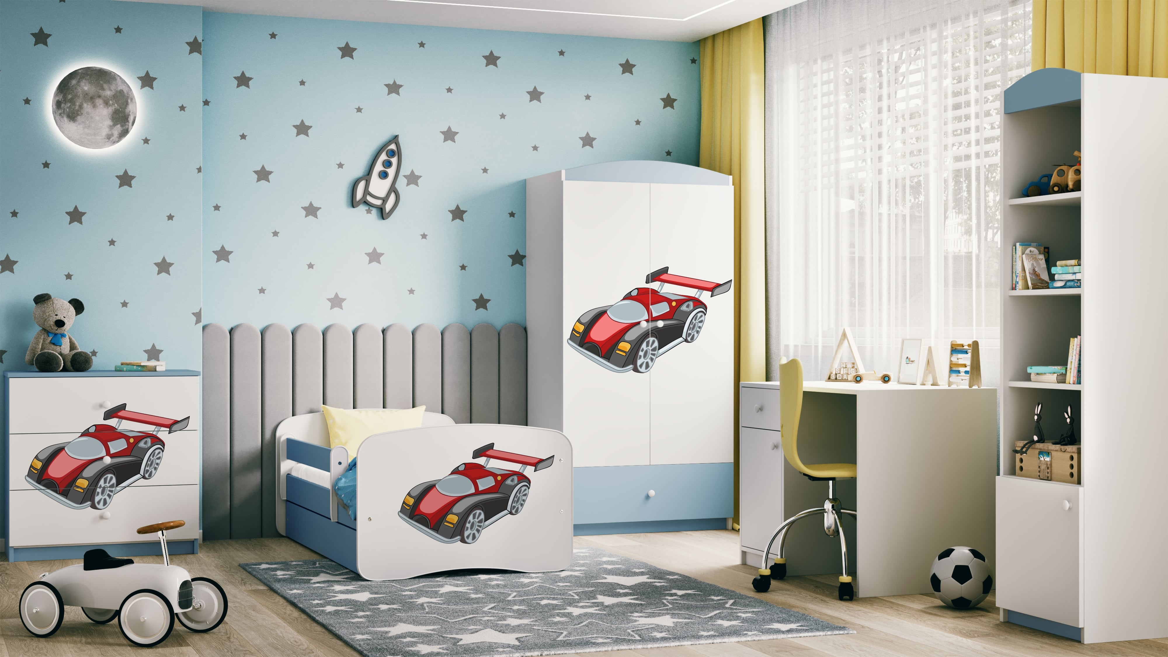 Lit enfant bleu, motif voiture de course