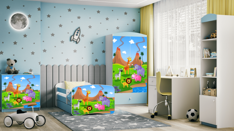 Lit enfant bleu, motif safari