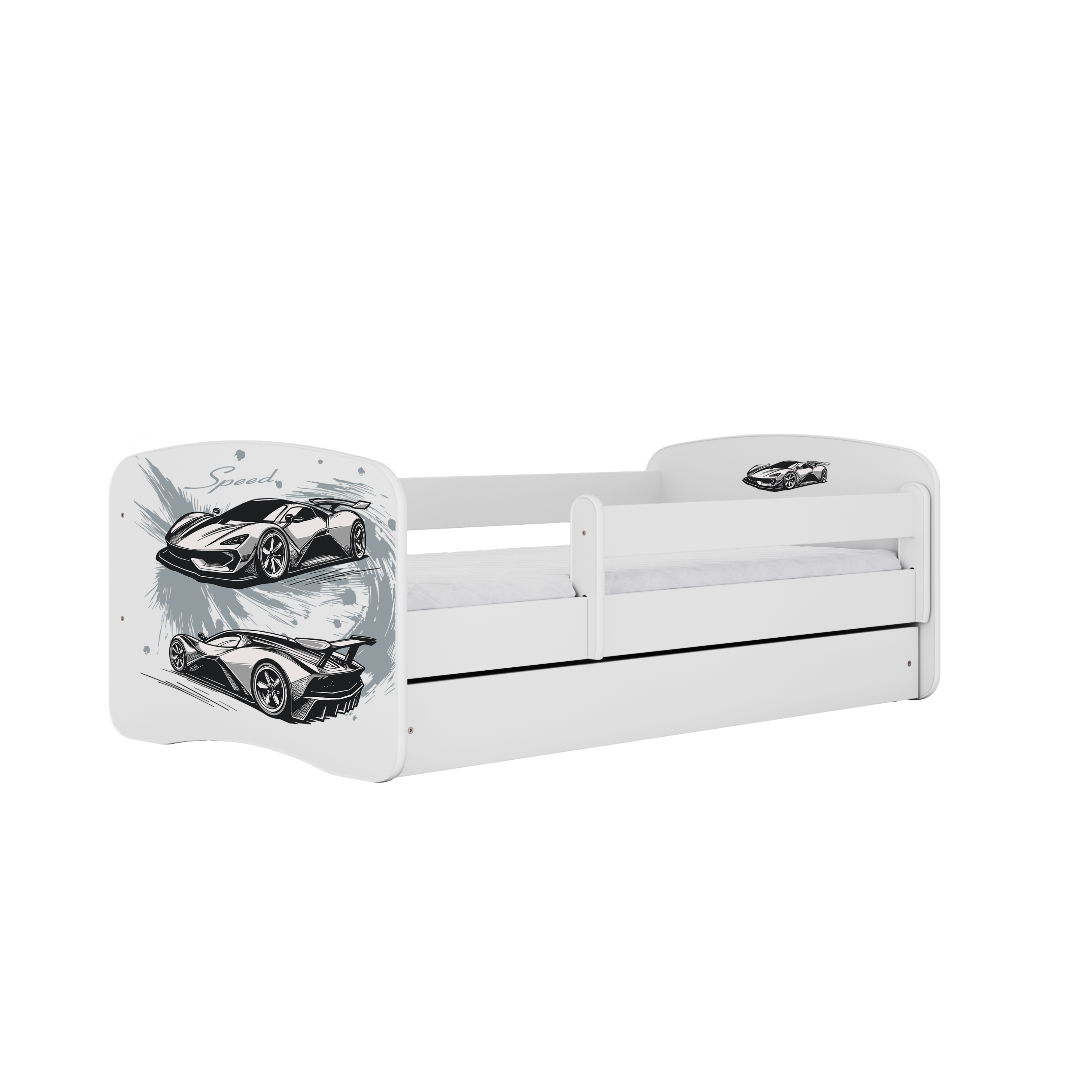 Lit enfant blanc, motif voiture de sport